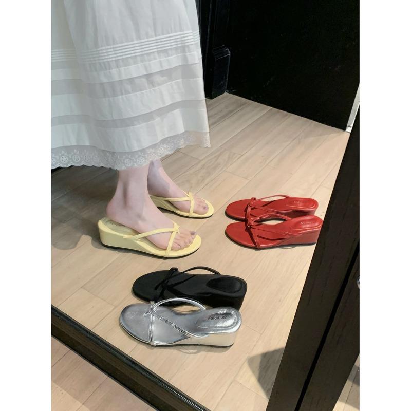 Sheepskin Heel Height 6cm Slippers Women's Summer Toe Outer Wear Thin Band Wedge Herringbone Cool Slippers