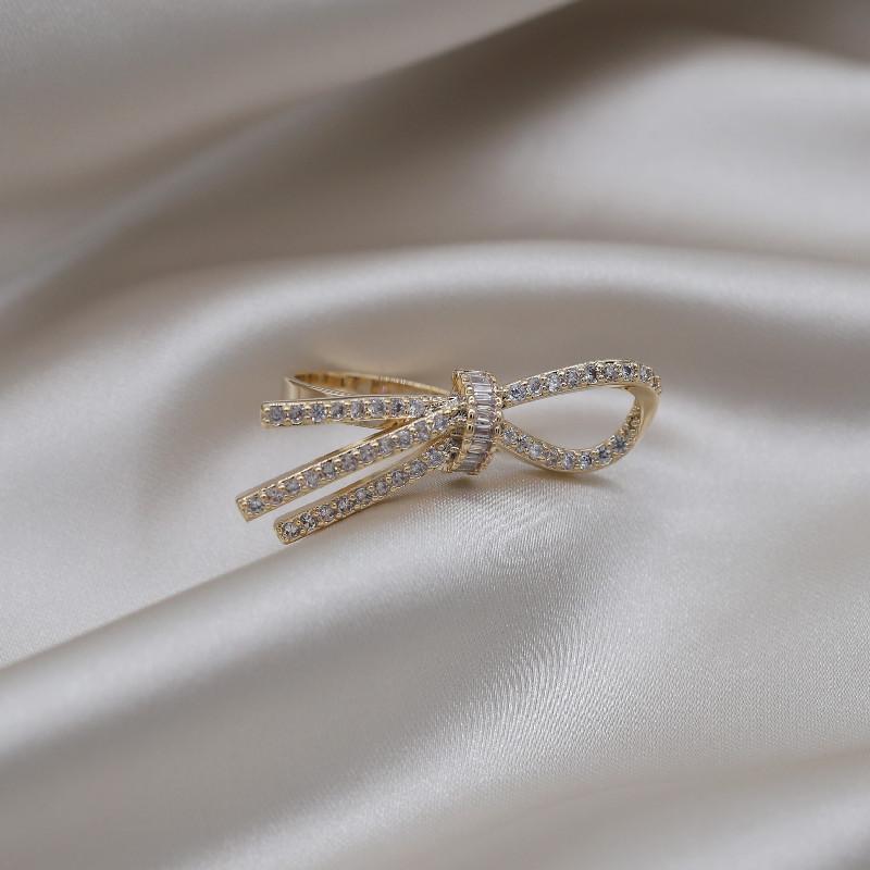 Real Gold Plating Korea New Design Fashion Jewelry Exquisite Luxury Zircon Bow Ring Simple Women's Party Opening Adjustable Ring