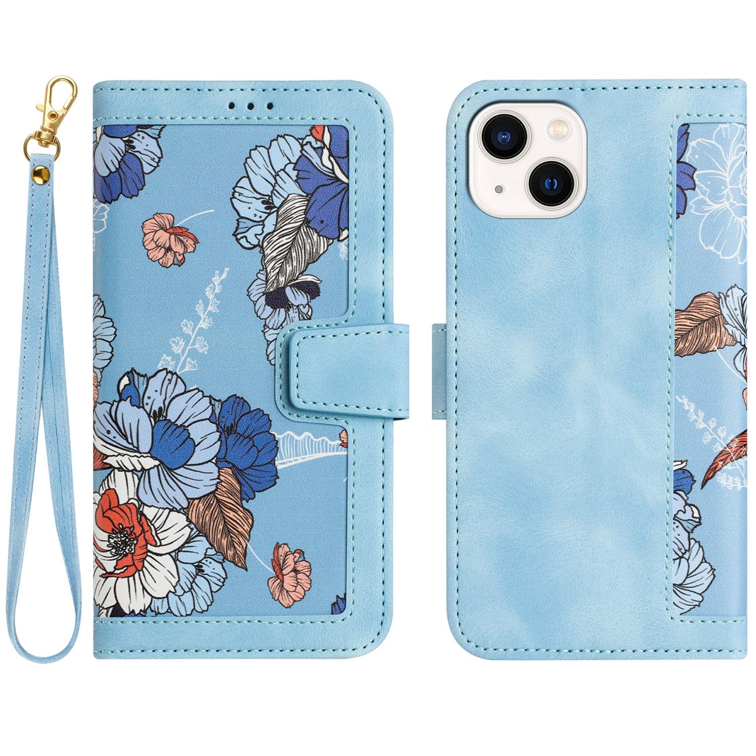 

Flower Pattern Printing Leather Case for iPhone 15,Card Holder Stand Phone Cover Baby Blue