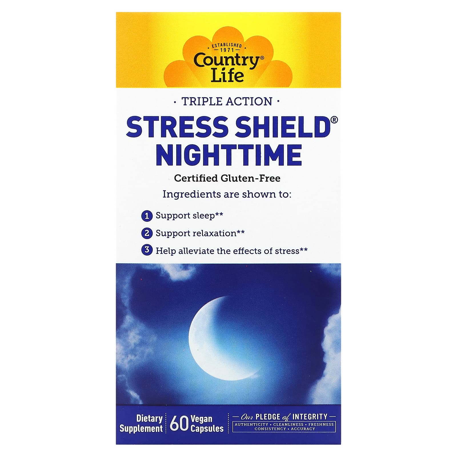 

Country Life, Stress Shield Nighttime, Потрійна дія, 60 вегетаріанських капсул