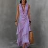 Maxi Abito da Donna Senza Maniche Scollo a V in Chiffon con Fondo Arricciato per Vacanza al Mare