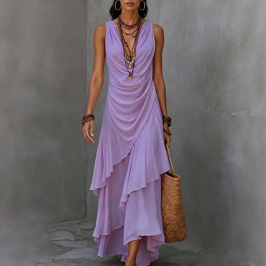 Maxi Abito da Donna Senza Maniche Scollo a V in Chiffon con Fondo Arricciato per Vacanza al Mare