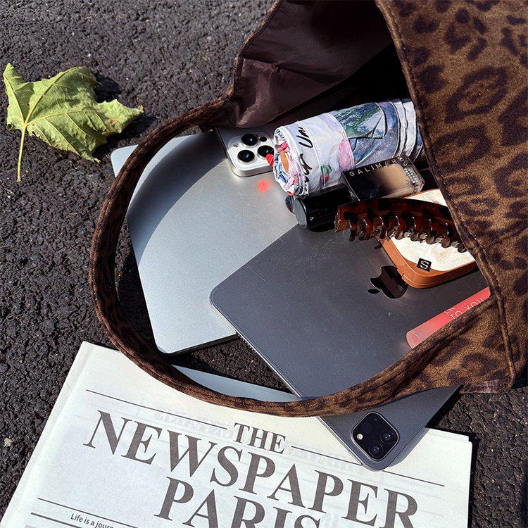 Korean Leopard Print Canvas Tote Bag - Autumn/Winter Casual, Large Capacity, Lazy Style Shoulder Bag