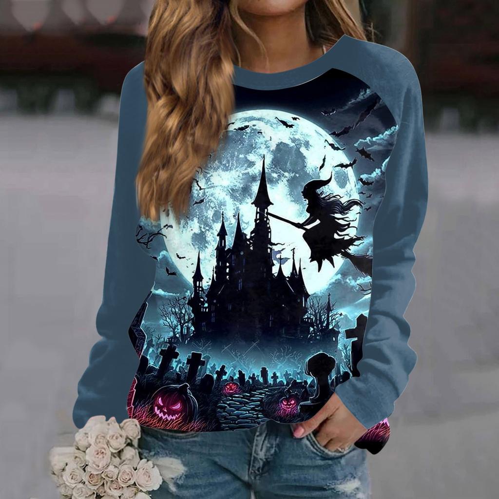 Women's Fashion Casual Long Sleeve Halloween Printed Round Neck Sweater Top