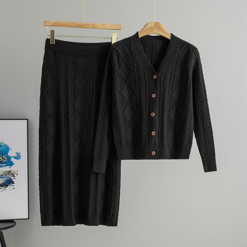 

Women s Retro Knitted Cardigan & Skirt Set - Spring/Autumn, Cable Knit Sweater, High-Waisted Skirt, Two-Piece Set One Size