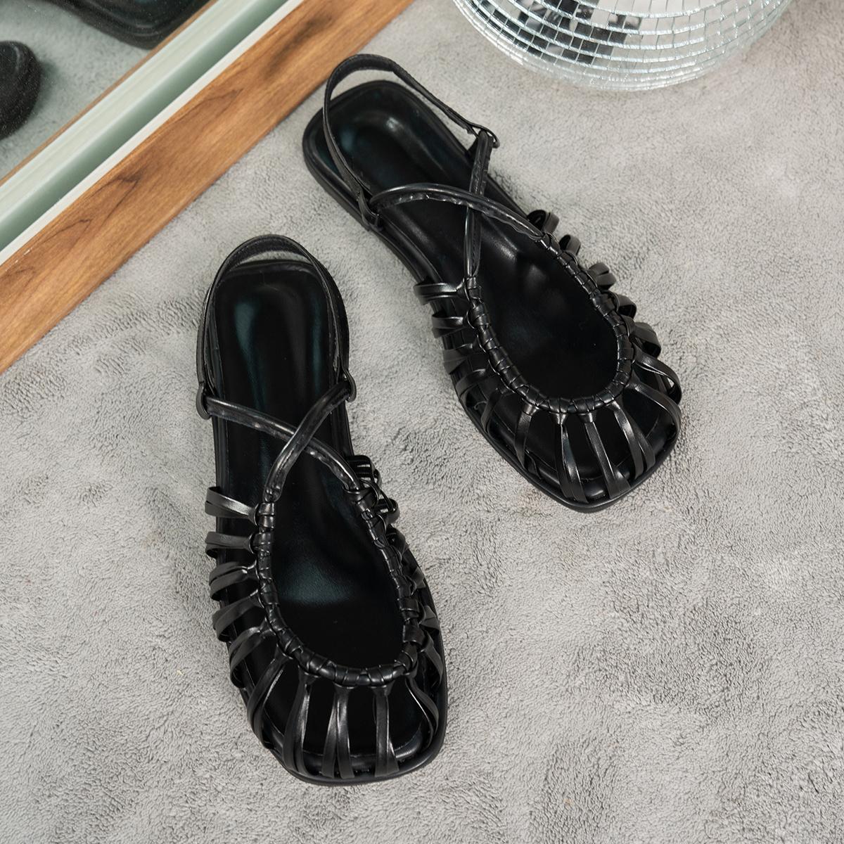 

Fashion Leather Straw Sandals Woman Fashion Outdoor Narrow Band Woven Roma Shoes Ladies Summer Brand Design Hollow Out Beach Zapatos 40 чёрный