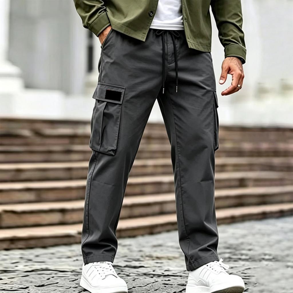 Men Drawstring Waist Cargo Pants with Multiple Pockets Relaxed Fit Trousers for Daily Casual Outdoor Activities