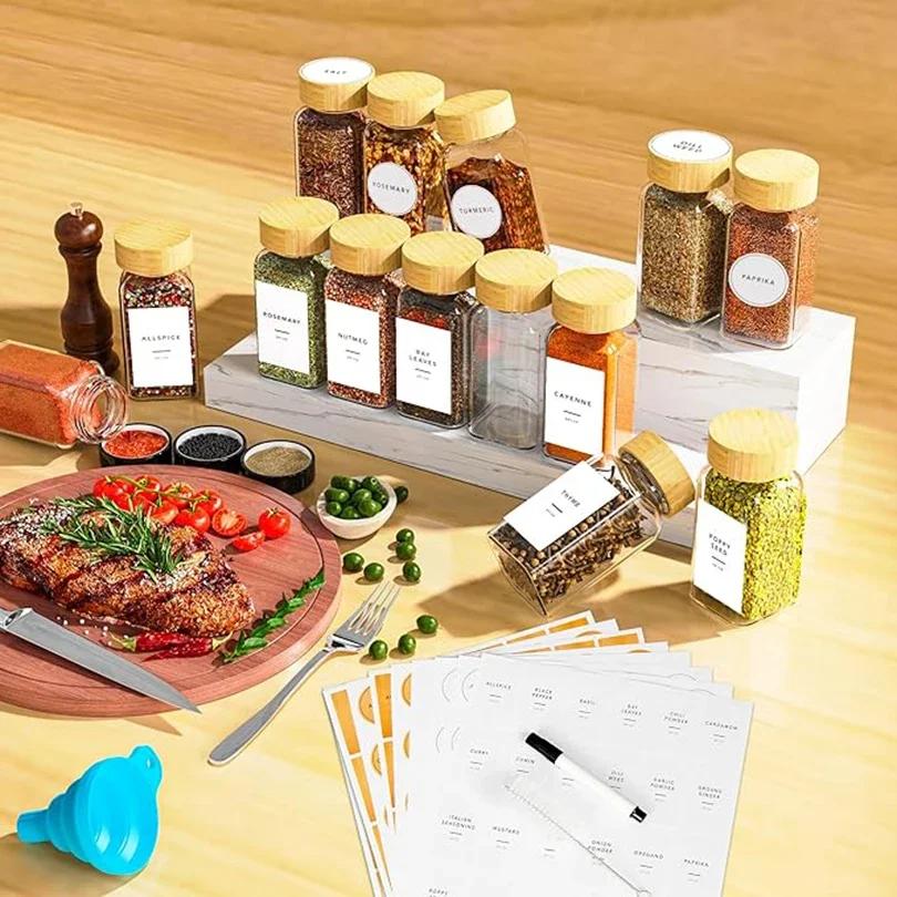 Glass Spice Jars with Bamboo Lid Collapsible Funnel Include with Minimalist Spice Labels Stickers Storage Bottles for Spice Rack