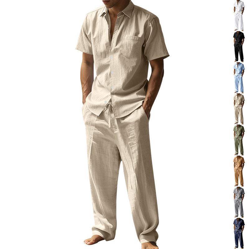 Summer Linen Lapel Short-sleeved Shirt Set Men's, Casual Trousers Two-piece Set, European and American Men's Clothing
