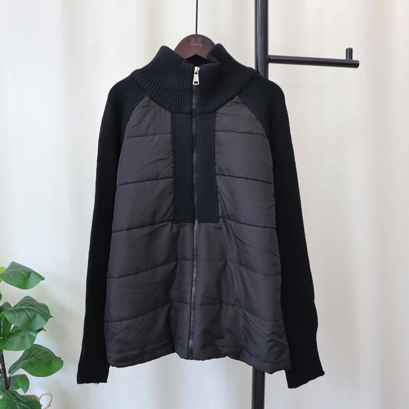 Design Sense Niche Splicing Cotton Clothes Knitted Cardigan Autumn and Winter New Loose Temperament Zipper Sweater Jacket Women