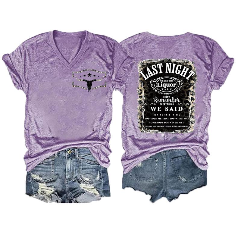 Women V‑Neck Short Sleeve T‑Shirt Double‑Sided Letter Print Casual Street Fashion Ladies Top S‑3XL