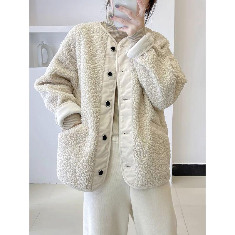 

K-style Loose Plus Size Idle Style Lamb Wool Outwear Female 2025 Autumn and Winter Clothing New Fur Integrated Outerwear Top White [baseball uniform]] 2XL