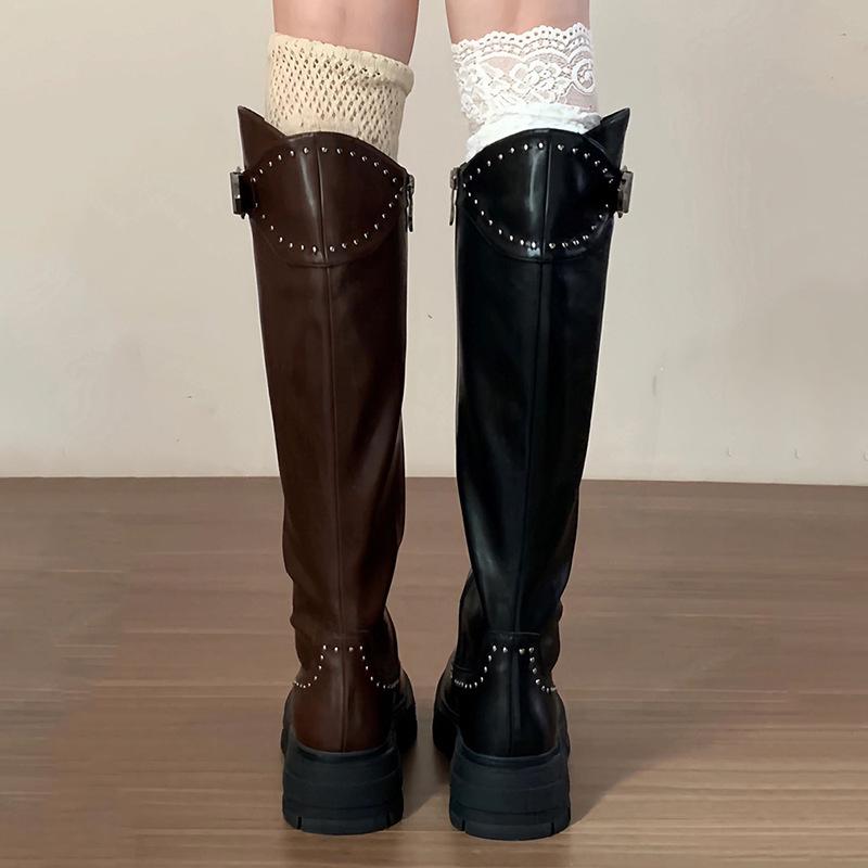 Fashion Women Knee High Boots Square High Heels 2025 Spring Autumn Leather Thick Bottom Fashion Belr Buckle Knight Long Botas Femininos