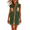Sleeveless V Neck Shirt Dress Button Down Front Casual Loose Fit Mini Dress with Chest Pockets and Contrast Trim for Women