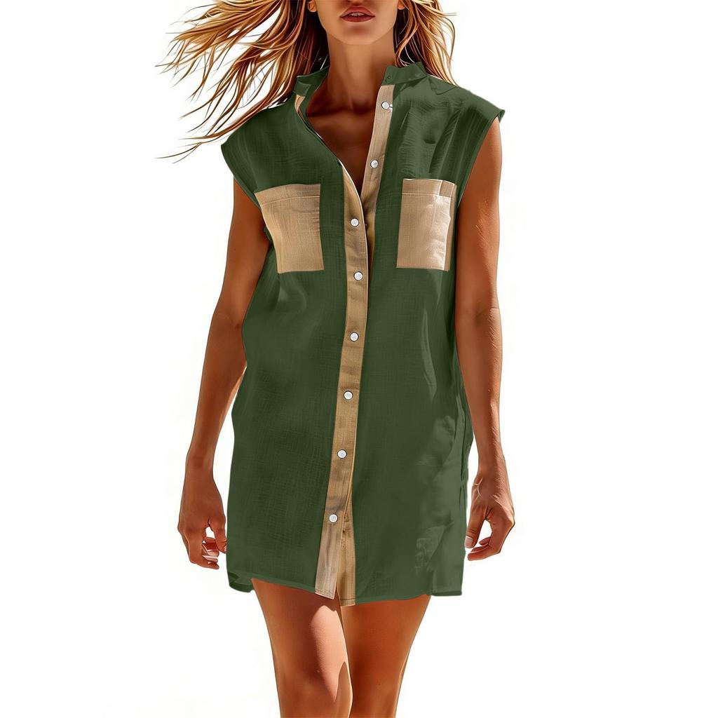 Sleeveless V Neck Shirt Dress Button Down Front Casual Loose Fit Mini Dress with Chest Pockets and Contrast Trim for Women