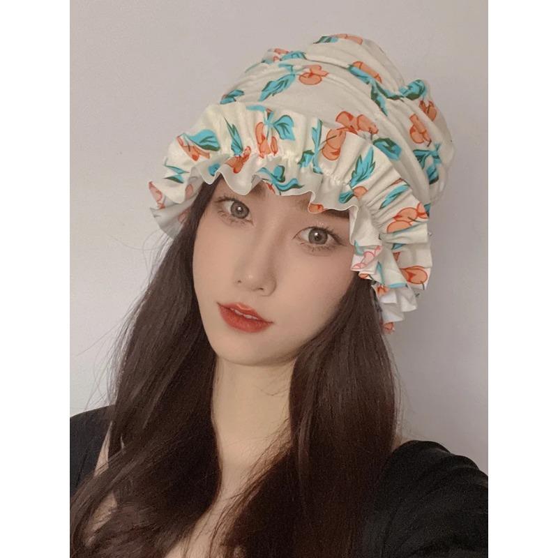 Womens Swim Cap for Long Hair Cute Korean Style Colorful Fabric Design Elegant Beach Photography Hot Spring Swimming Cap