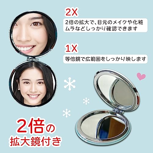 [Golden Crab and Long-tailed Tit] Compact Hand Mirror, Portable, Folding Mirror, Cute Character Mirror with Long-tailed Tit and Bird Design (Round / 3