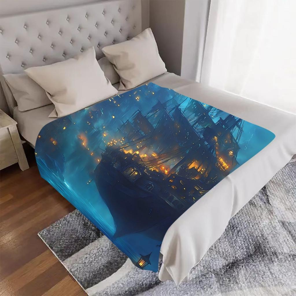 1pc Mysterious Harbor Digital Printed Design Blanket - All-Season Soft Flannel Throw with Vibrant Nautical Ship & Lanterns