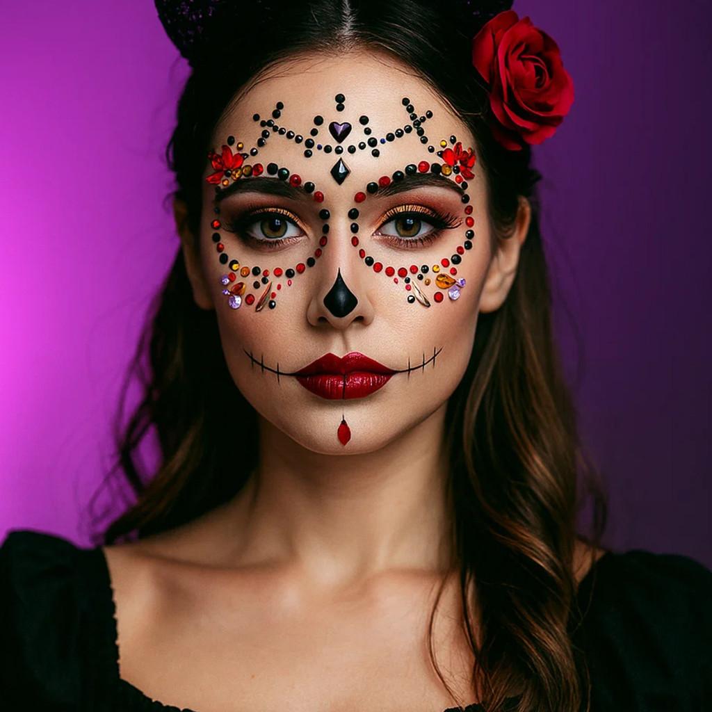 Skull Face Diamond Sticker With Colorful Flowers For Party Makeup And Stage Decor