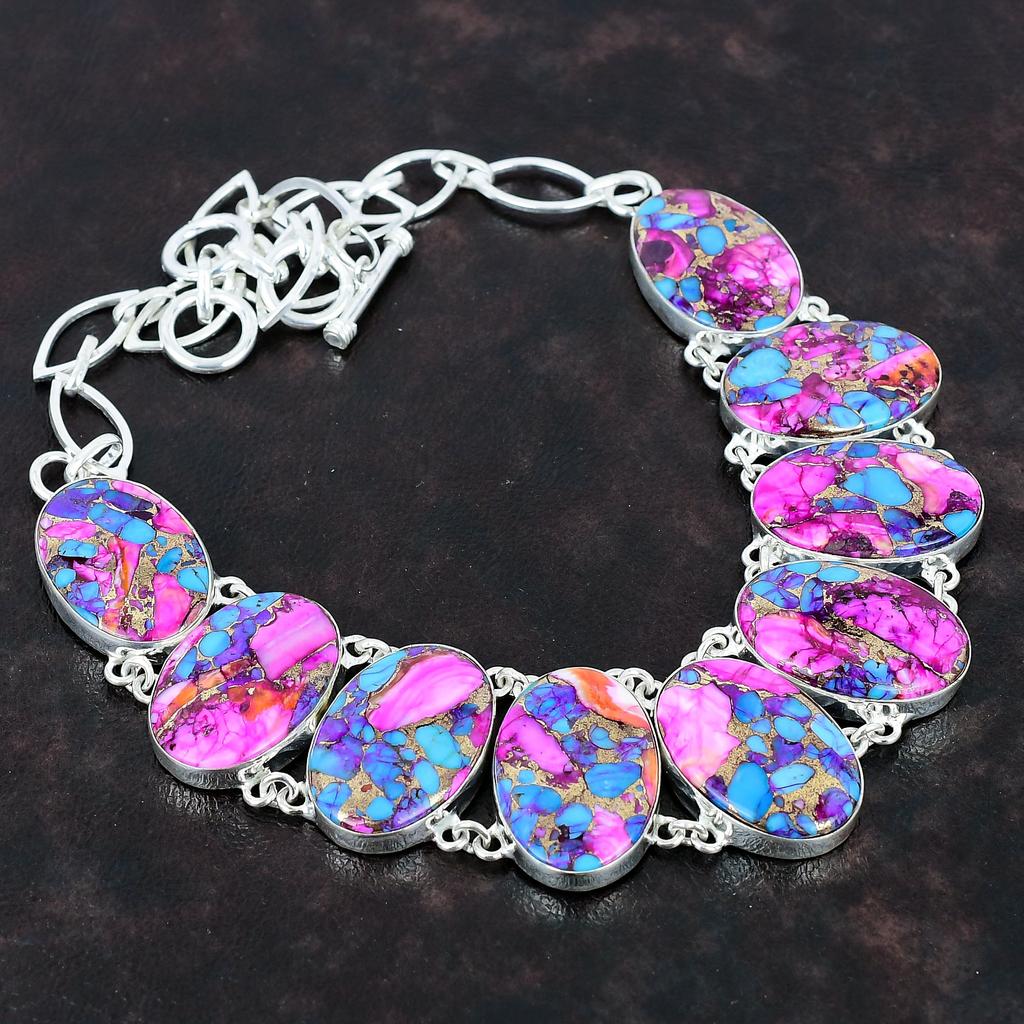 Natural Kingman Pink Dahlia Turquoise Necklace 925 Sterling Silver Necklace Adjustable Chain Necklace Gemstone Handmade Jewelry Gift For Mom