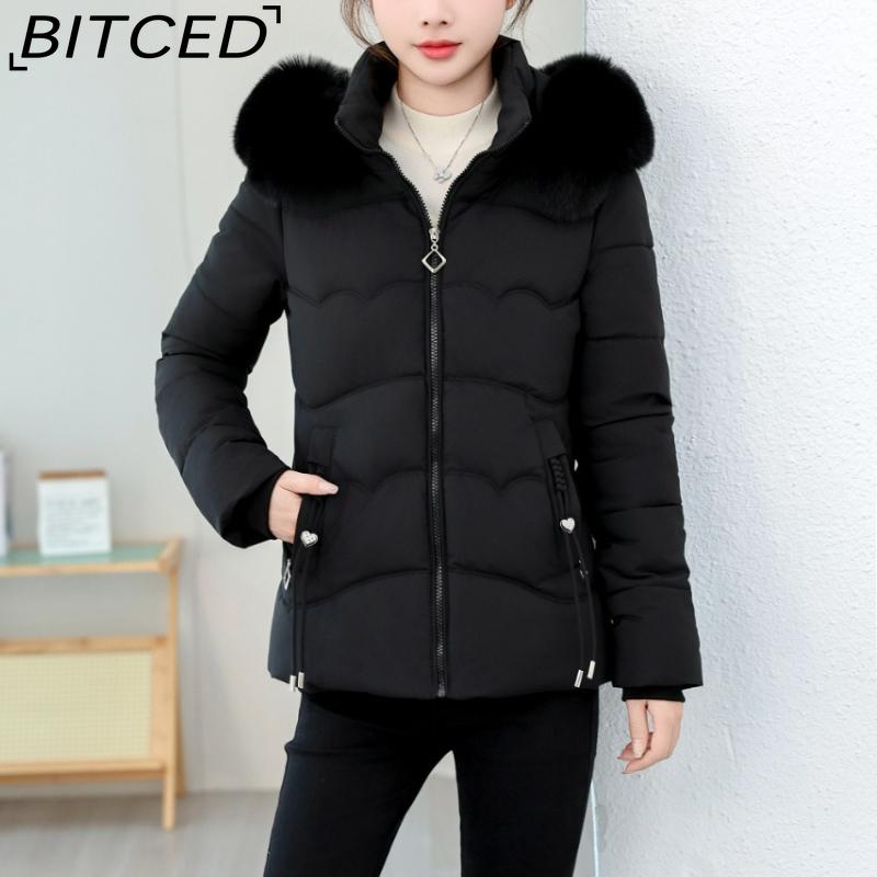 BITCED Winter Cotton Coat Slim-Fit Women's Short-Length Wool-Fur Collar Cotton Jacket Warm Cold-Resistant Cotton Coat