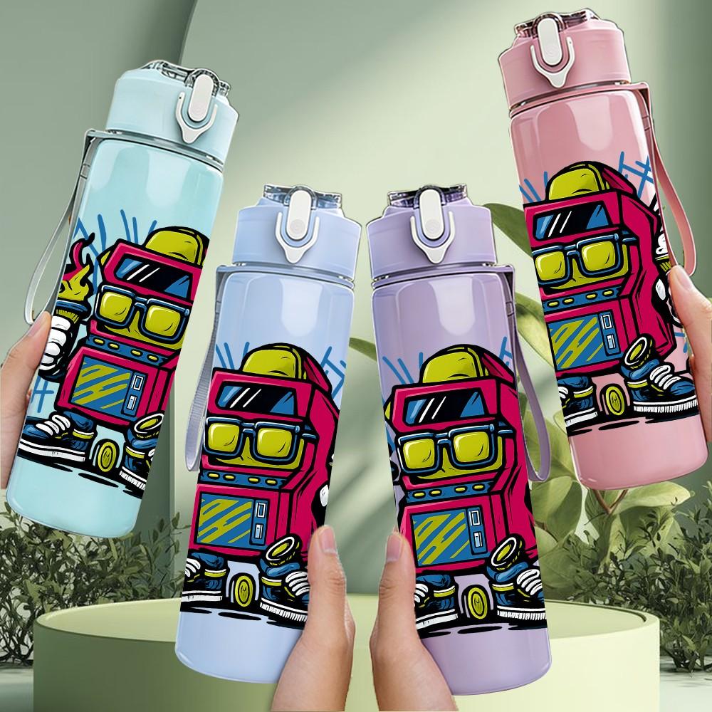 1PC Retro Robot Character 750ml Color Plastic Sports Water Bottle Leakproof Flip Straw Lid Suitable for Sports Office Home Use