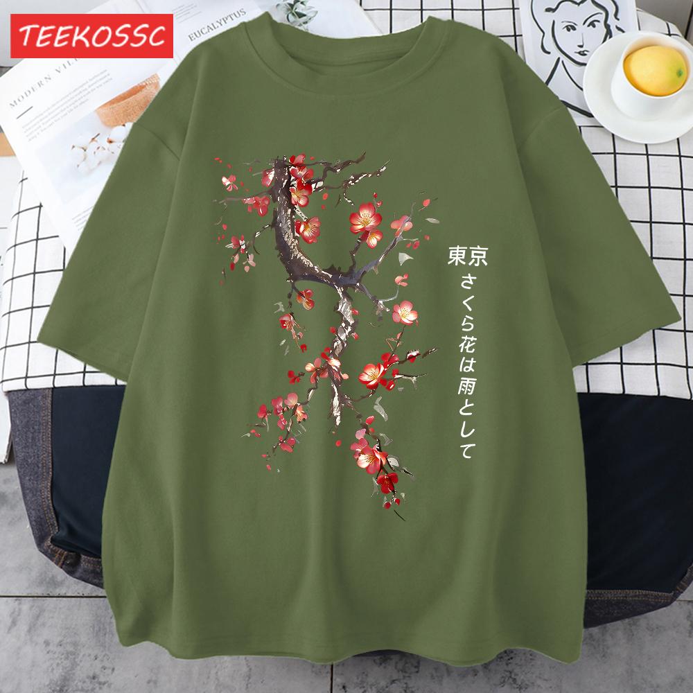 Cherry Blossoms And Rain In Tokyo Men Retro TShirt Casual Cotton Tee Loose Hip Hop Clothes Male ONeck Comfortable Short Sleeve