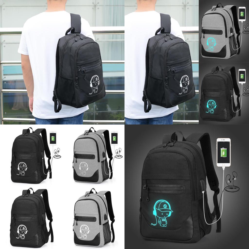 Cute Cartoon Printed Night Luminous Waterproof Laptop Backpack With Usb Charging