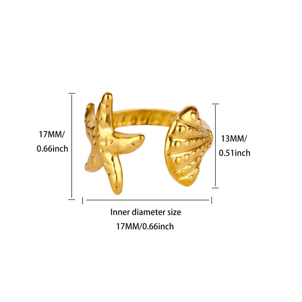 Hot-selling ocean wind starfish shell stainless steel open ring gold-plated women's vacation jewelry