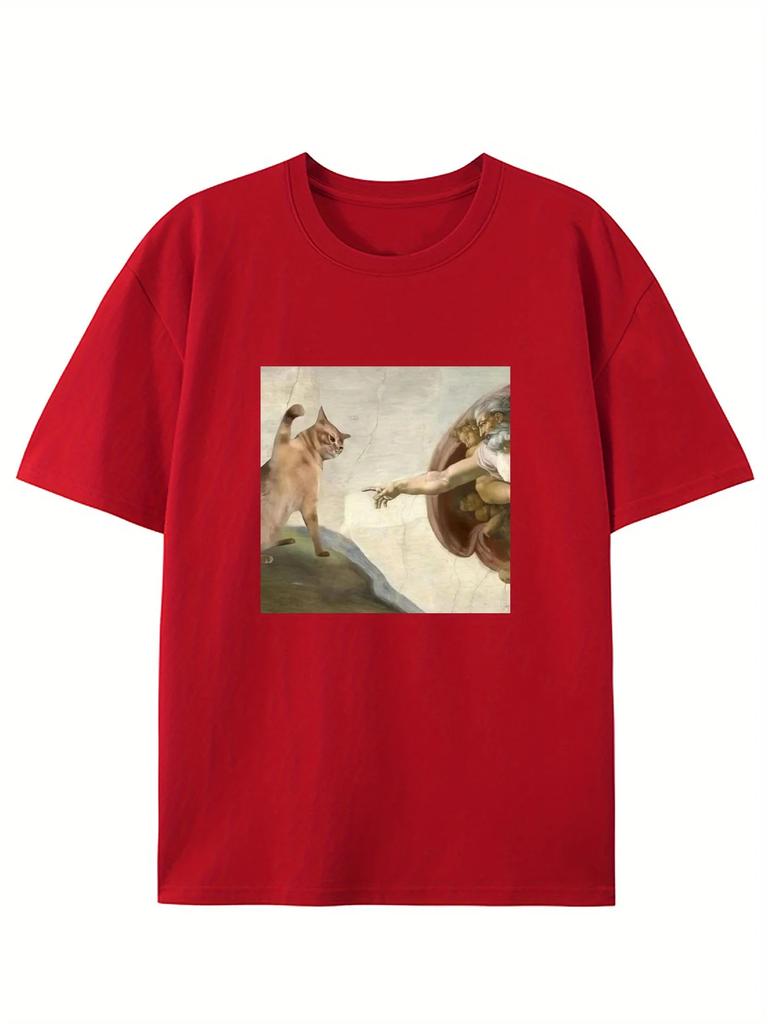 Humorous Cat and Adam Creation Parody Graphic Women Men T-Shirt Casual O-Neck Tee Fit Short Sleeve for Adult Summer Casual Top