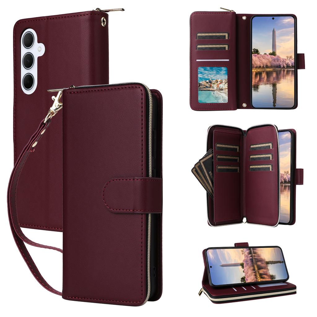 R20 For Samsung Galaxy A35 5G Case PU Leather Zipper Phone Cover with 2 Straps