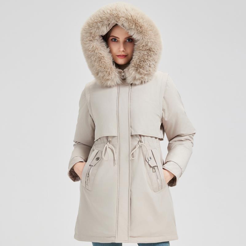 Fashion Winter Coat Female Long Parkas Hooded Faux Fur Collar Detachable Sleeves Loose Thick Warm Women's Jackets