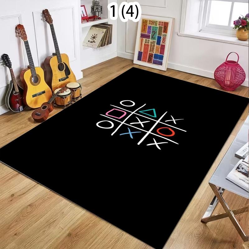 Tic Tac Toe Game Living Room Rug Colorful Symbols Pattern Retro Gaming Style Soft Non-Slip Carpet Kids Room Playroom Floor Mat