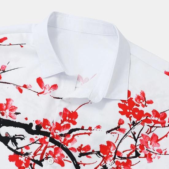 Men Shirt Cardigan Contrast Color Chinese Style Ink and Wash Painting Plum Blossom Summer Top Daily Clothes