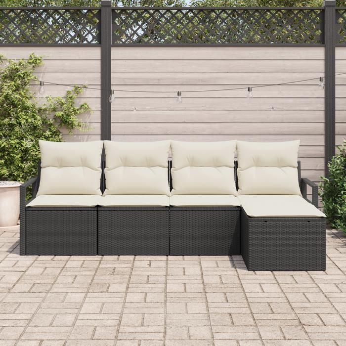 Ensemble de canapé de jardin 5 pièces avec coussins Noir Poly Rattan, Canapé de jardin 2 places avec rangement et coussins 3355006