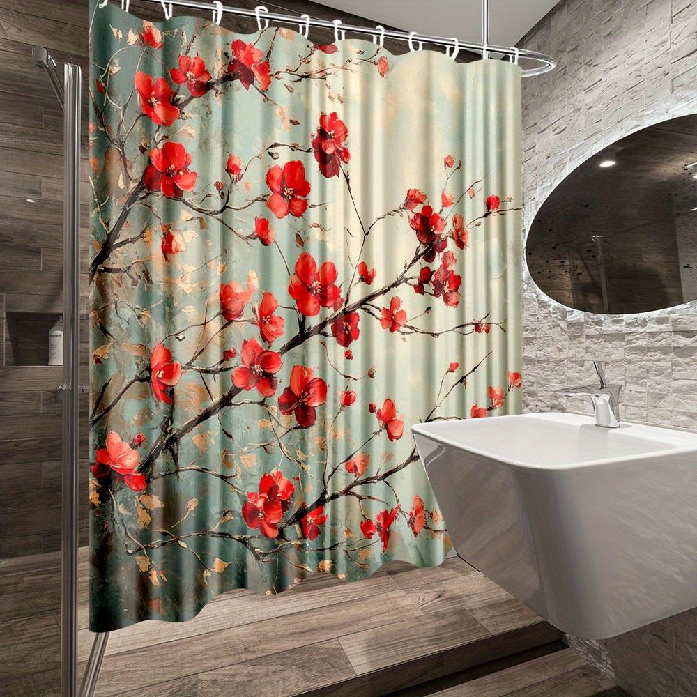 1Pc Floral Natureinspired Shower Curtain With Cherry Blossom Print For Aesthetic Ambiance In Your Bathroom Decor Polyester Fabri