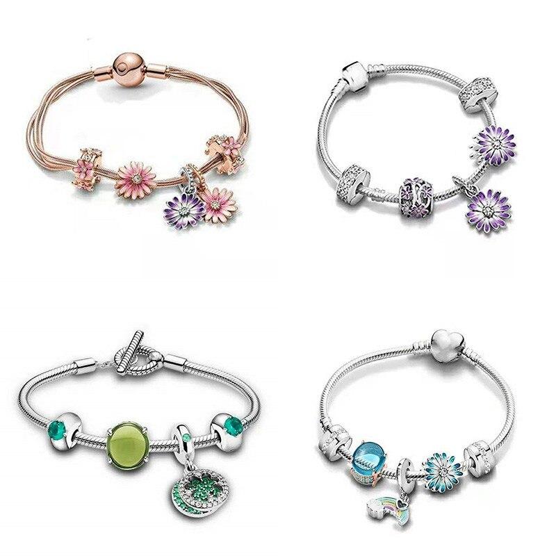New 925 Sterling Silver Daisy Bracelet Suitable For Women 'S Wedding Party Gift Diy Jewelry