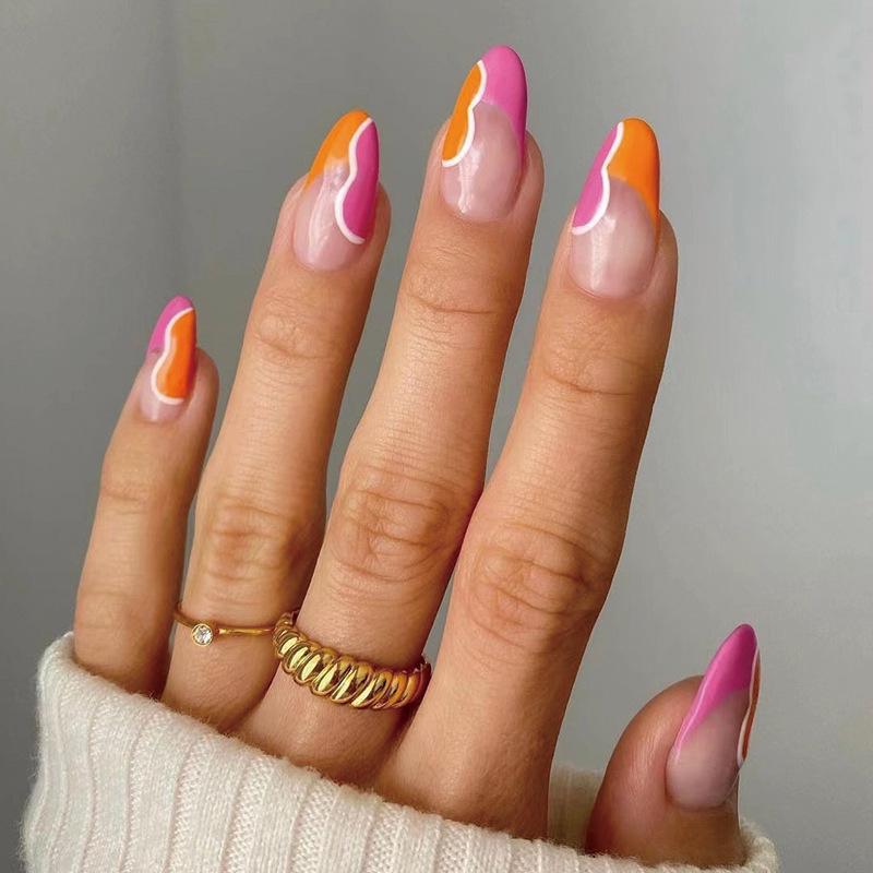 Simple French Pink and Orange Color Block Press-on Nails with White Wave Design