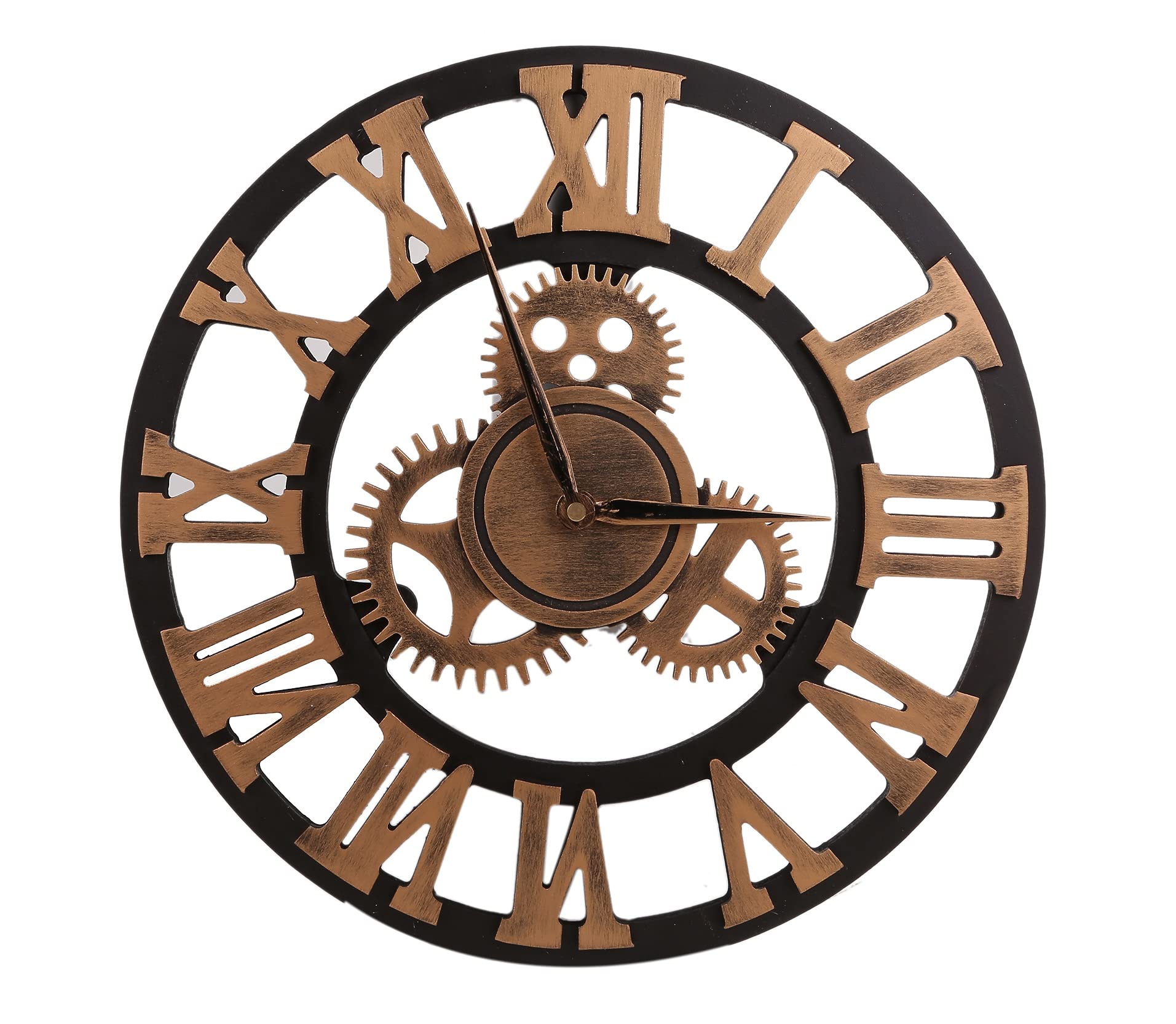 Antique-style retro wall clock with gear mechanism, made of wood, industrial style, silent operation, modern design (gold)