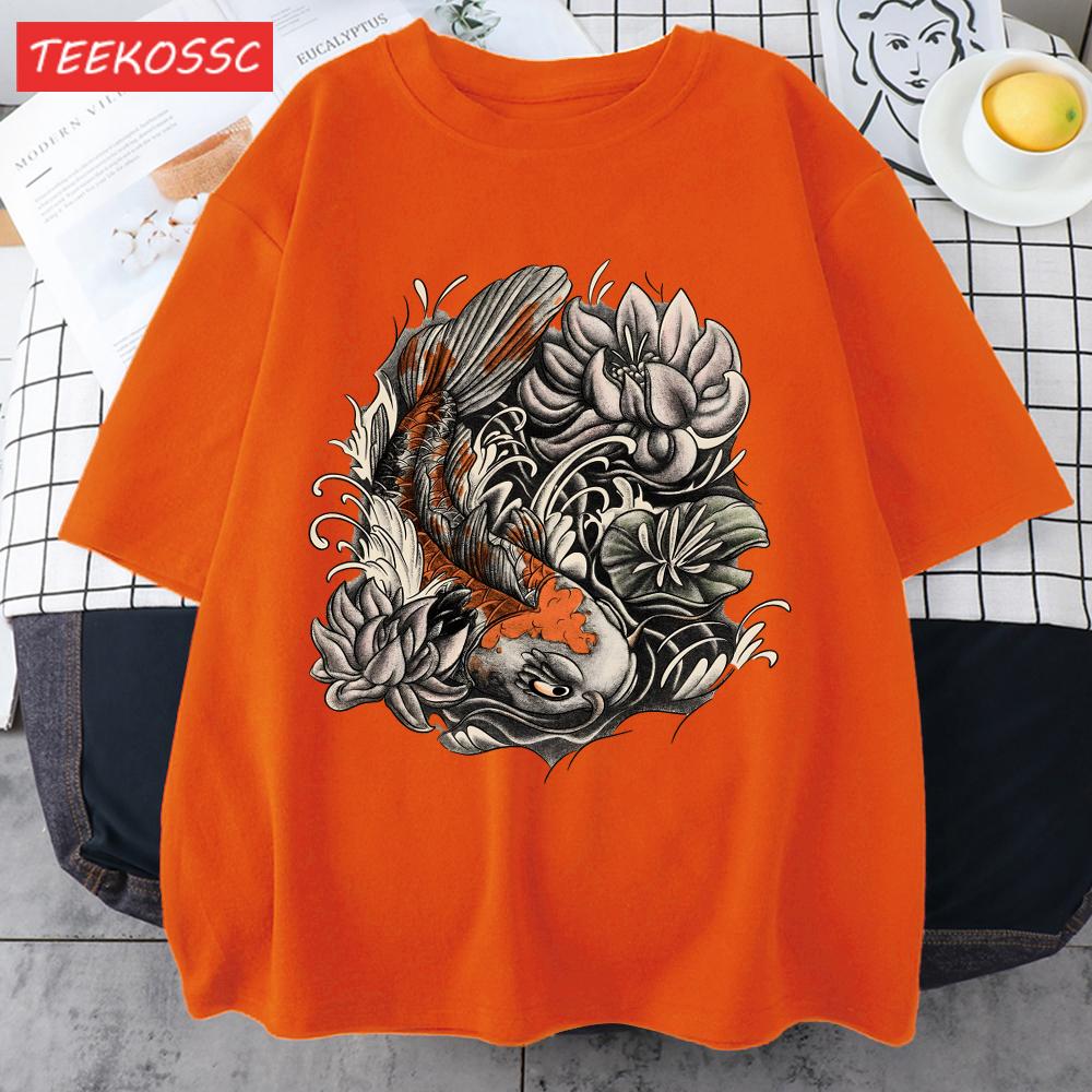 Japanese Harajuku Lotus Koi Print Men T Shirts AllMatch Cotton TShirt Casual Crewneck Loose Streetwear Man Summer Basics Top