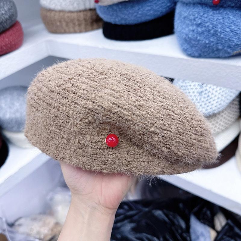 Autumn Winter New Korean Solid Color Retro Knitted Beret Women'S Daily Wear Commuting Travel Personality All-Match Painter Hat