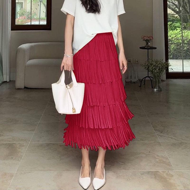 Miyake High-End Women's Tassel Layered Midi Skirt - Versatile & Slimming