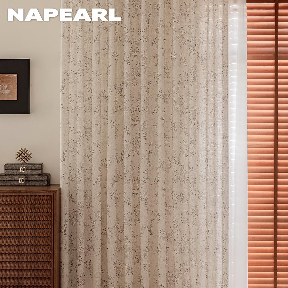 1 Stück NAPEARL Leinenstruktur Kleine Blume Halbtransparent Vorhang Beige Rankenblume Bodenlange Vorhänge für Schlafzimmer Wohnzimmer Heimdekoration