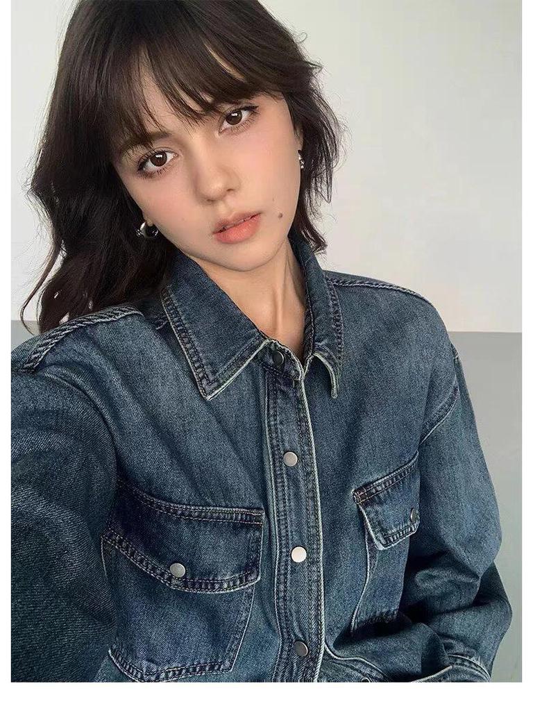 Unisex Vintage American Retro Blue Denim Shirt Jacket 2025 - Long Sleeve, Suitable for Spring, Autumn, and Winter