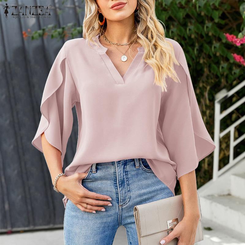 

ZANZEA Женская повседневная свободная блузка с v-образным вырезом и рукавами 3/4