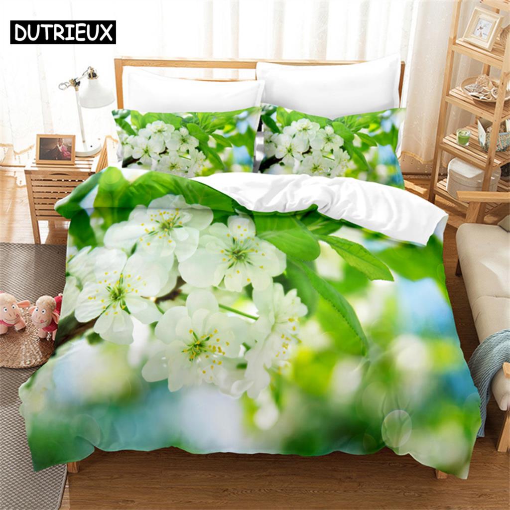 Flowers Green Leaves Queen Bedding Set Duvet Cover Bedroom Bed Set Comforter Cover Set King Size Duvet Cover Set Bedding Sets