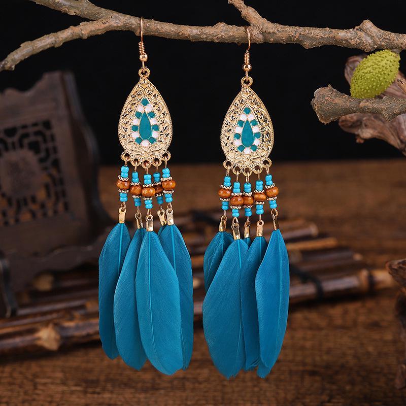 Bohemian Long Tassel Feather Earrings - Trendy Douyin-Inspired Design for Women