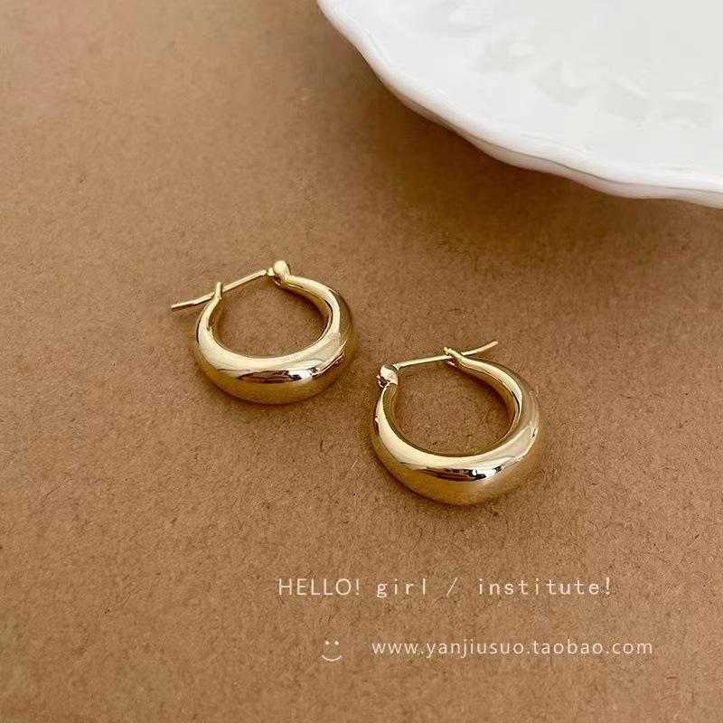 1Pair 925 Silver Needle Retro Metal Earrings Women's Premium Sense Geometric Plain Ring Ear Buckle Versatile Exaggerated Commuter Earrings