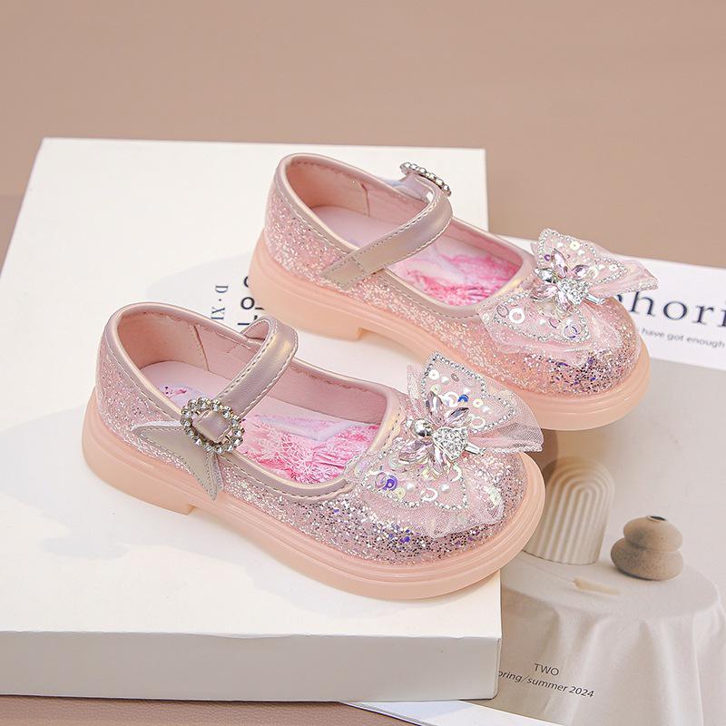 2026 New Fashion Girls' Princess Rhinestone Leather Shoes with Soft Soles and Luminous Crystals for Spring and Autumn.