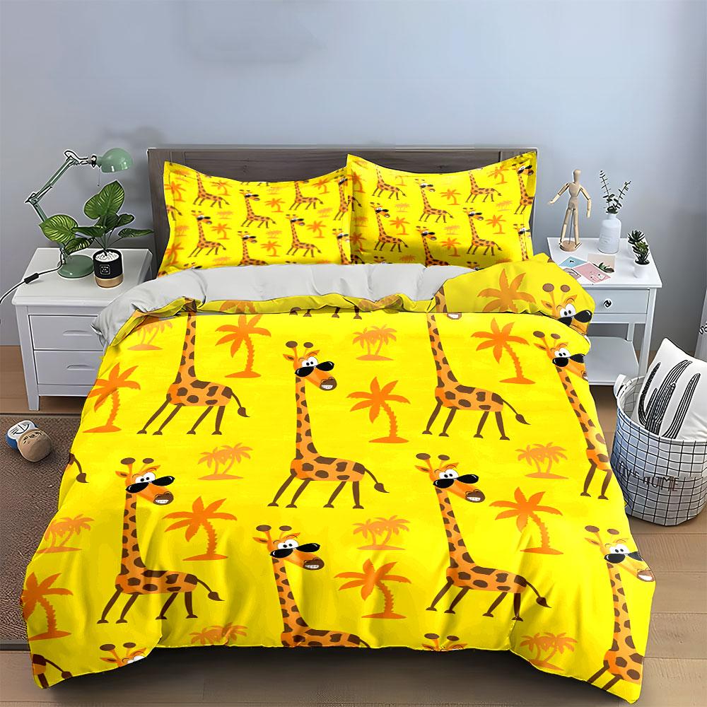 Cartoon Giraffe and Palm Print Bedding Duvet Cover Set (1*Duvet Cover 2*Pillowcases, Without Duvet Insert)